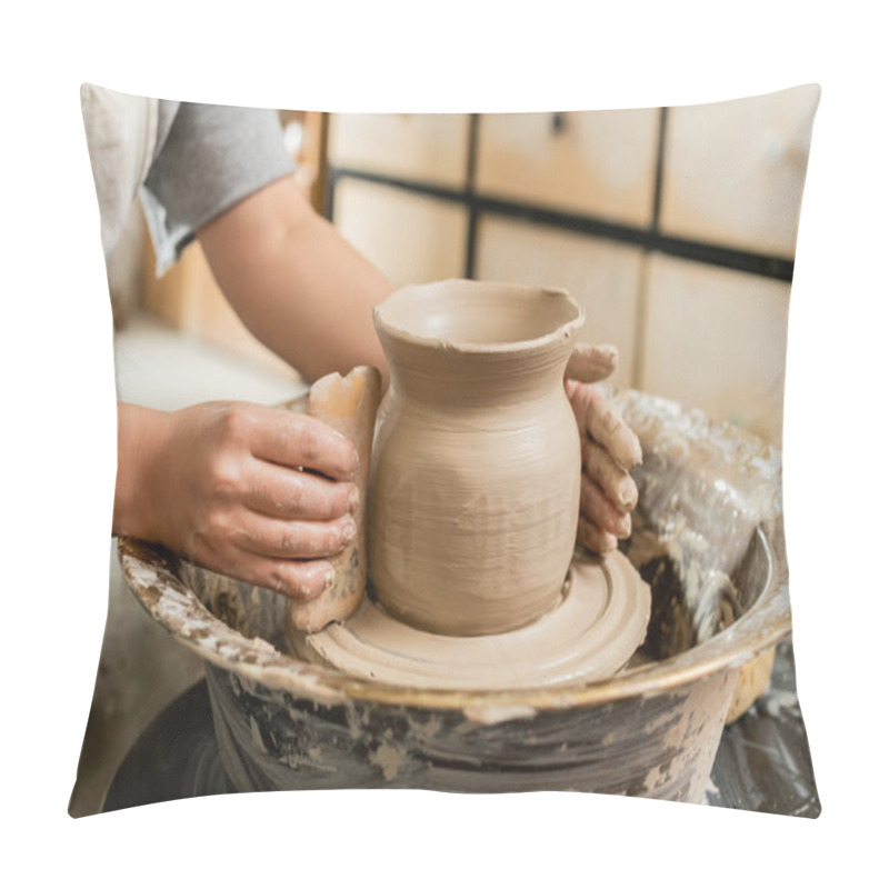 Personality  Cropped View Of Young Female Artisan In Apron Making Clay Vase With Wooden Scraper On Pottery Wheel In Blurred Ceramic Workshop, Clay Shaping And Forming Process Pillow Covers