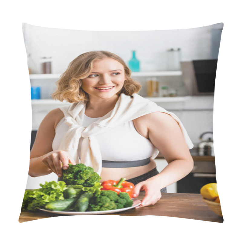 Personality  Woman Holding Fresh Broccoli Near Ripe Vegetables On Plate Pillow Covers