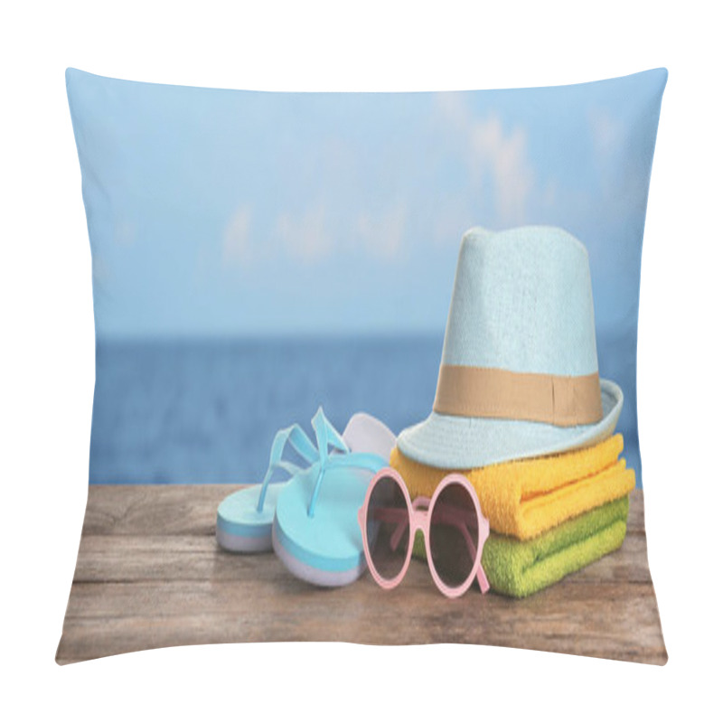 Personality  Different Beach Accessories On Table Against Sea, Space For Text Pillow Covers