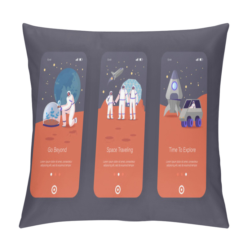 Personality  Mars Colonization Mobile App Page Onboard Screen Template. Astronauts Family Characters On Red Planet Surface. Father Mother Child In Space Suits On Station Concept. Cartoon People Vector Illustration Pillow Covers