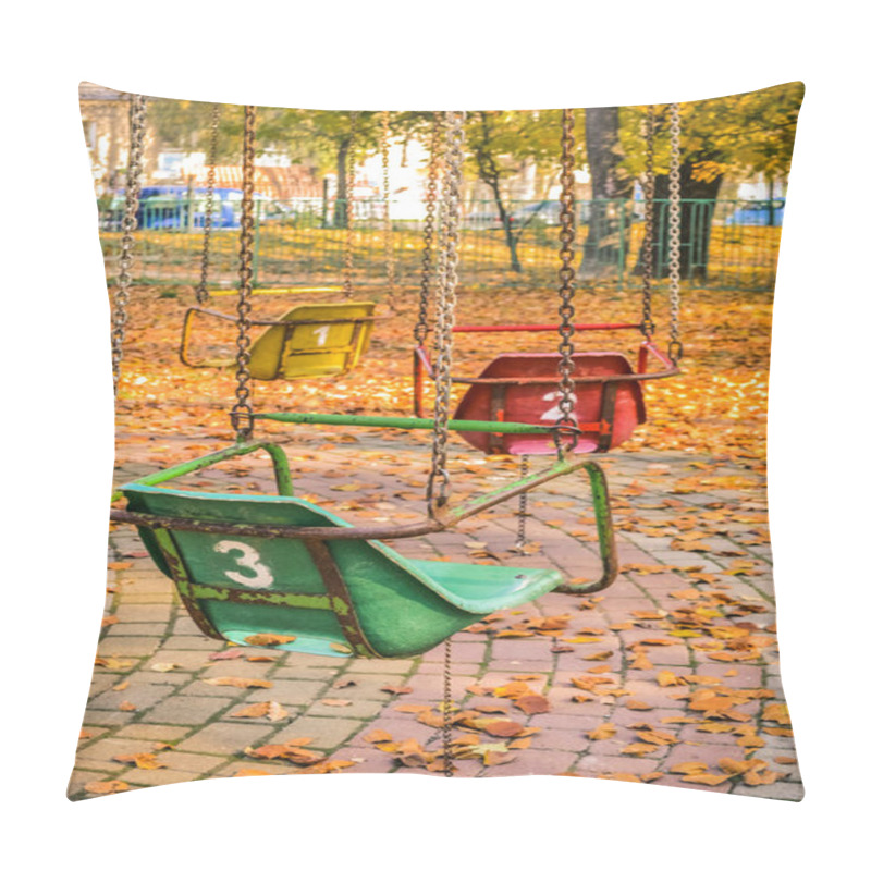 Personality  Old Soviet Rides In The Autumn Park. Carousels With Umbrellas And Carousels On Chains Are Brightly Decorated In Different Colors. Ukraine. Pillow Covers