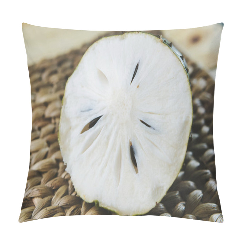 Personality  A Close-up View Of A Halved Soursop Fruit Placed On A White Plate Against A Natural, Woven Background, Highlighting Its Texture, Color, And Exotic Appeal Pillow Covers