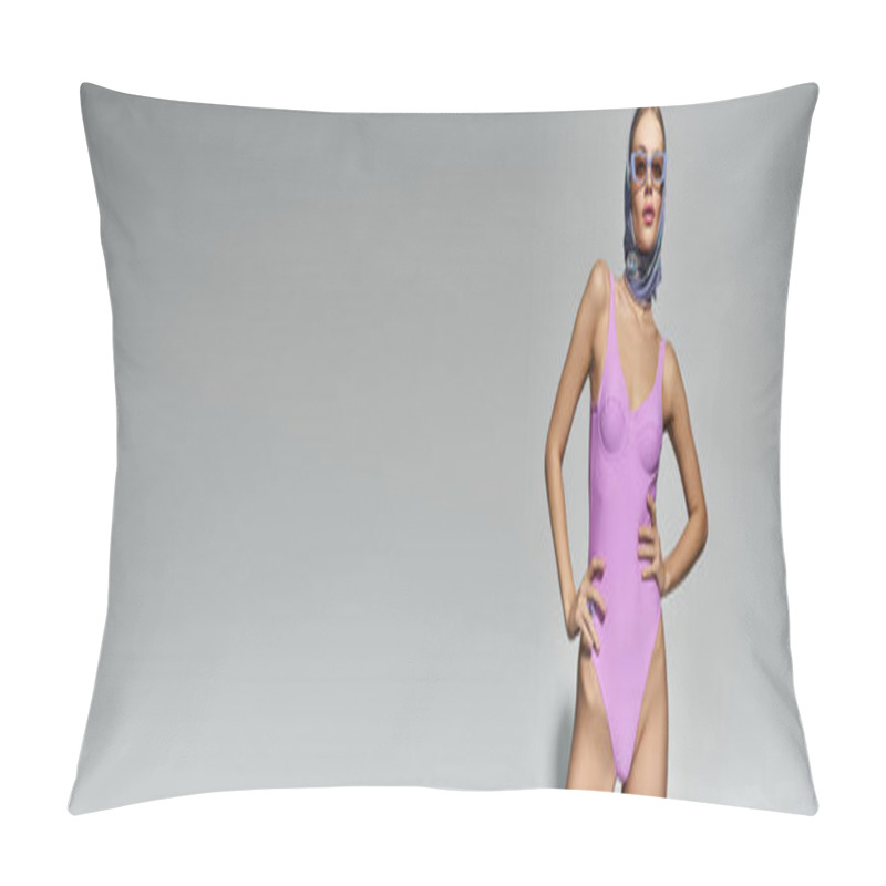 Personality  Graceful Woman In A Purple Swimsuit Striking A Pose. Pillow Covers