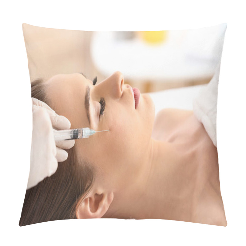 Personality  Young Woman Receiving Filler Injection In Beauty Salon Pillow Covers