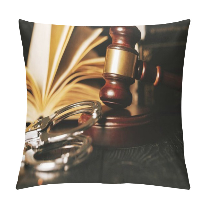 Personality  Judge Gavel And Handcuffs On Wooden Desk Pillow Covers