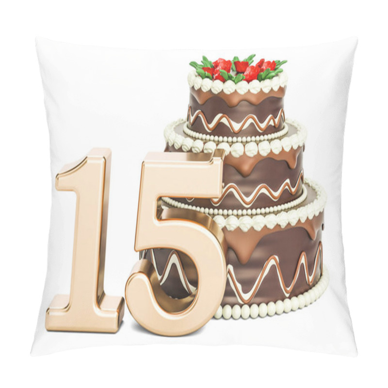 Personality  Chocolate Birthday Cake With Golden Number 15, 3D Rendering Pillow Covers