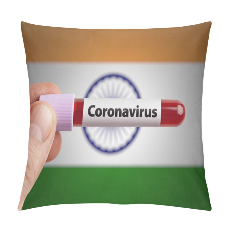 Personality  Scientist Holding Coronavirus Infected Blood In Test Tube In Front Of  India Flag. Epidemic COVID-19 Infection In Countries In World Concept. Pillow Covers