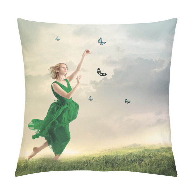 Personality  Beautiful Girl Following Butterflies On A Mountain  Pillow Covers