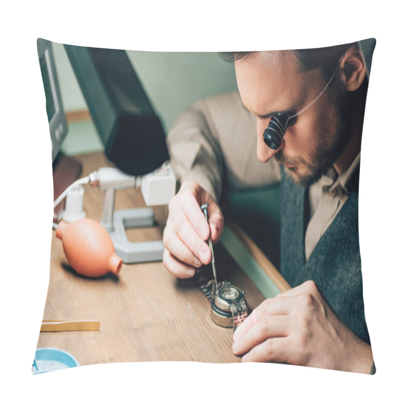 Personality  Side View Of Watchmaker In Eyeglass Loupe Working With Wristwatch By Equipment On Table Pillow Covers