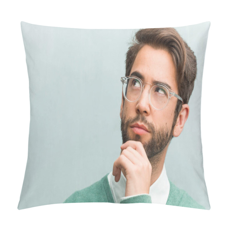 Personality  Young Handsome Entrepreneur Man Face Closeup Thinking And Looking Up, Confused About An Idea, Would Be Trying To Find A Solution Pillow Covers