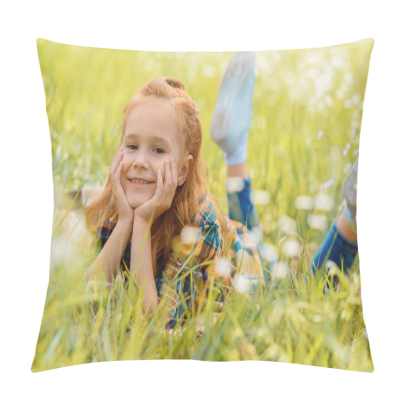 Personality  Portrait Of Little Smiling Child Resting On Green Grass In Meadow Pillow Covers