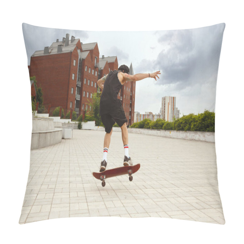 Personality  Skateboarder Doing A Trick At The Citys Street In Cloudly Day Pillow Covers