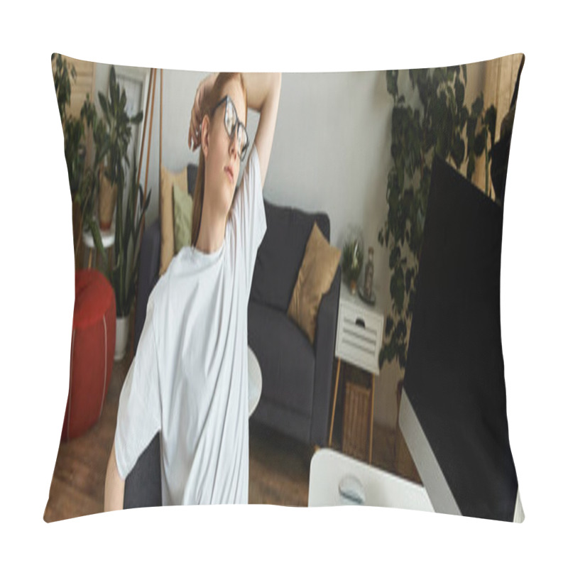 Personality  The Young Man Stretches And Takes A Moment To Relax In A Modern, Cozy Living Space. Pillow Covers