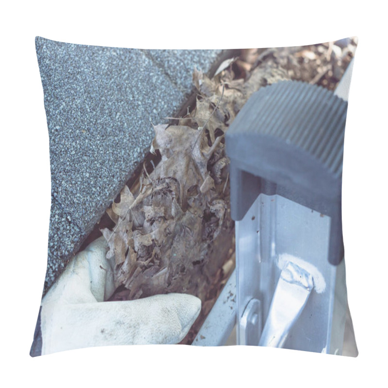 Personality  Top View Hand In Gloves On Ladder Cleaning Dried Leaves From Gutter In America Pillow Covers