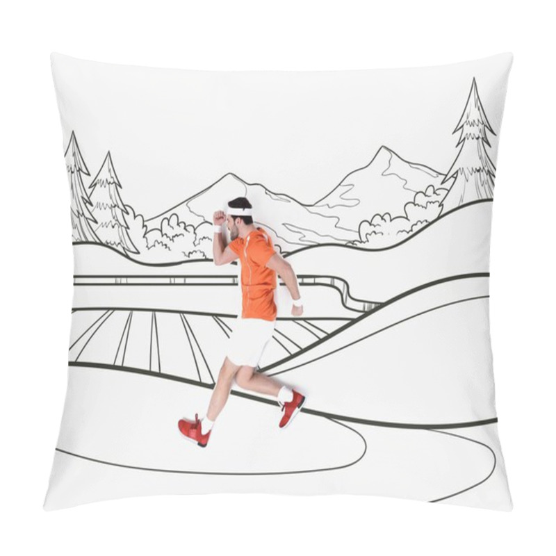 Personality  Creative Hand Drawn Collage With With Man Running By Mountains Landscape Pillow Covers