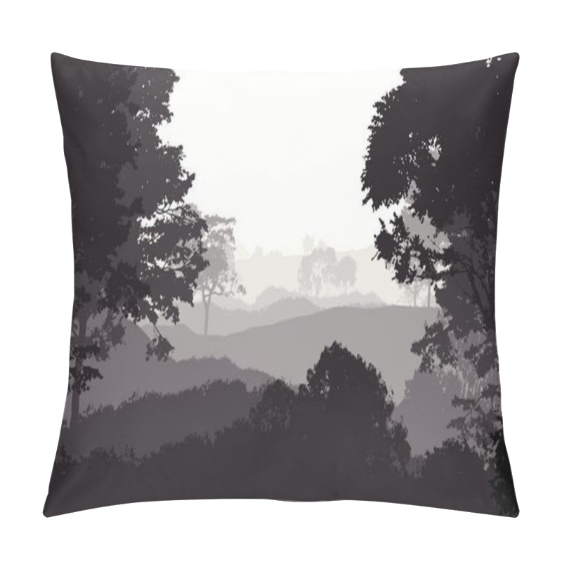 Personality  2d Illustration. Trees In Fog. Deep Forest Haze. Hills Covered By Plants And Foliage. Shrubs And Bushes. Deciduous Wood.  Pillow Covers