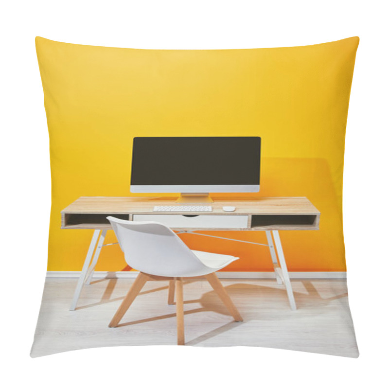 Personality  Computer At Workplace With Chair And Yellow Wall At Background Pillow Covers