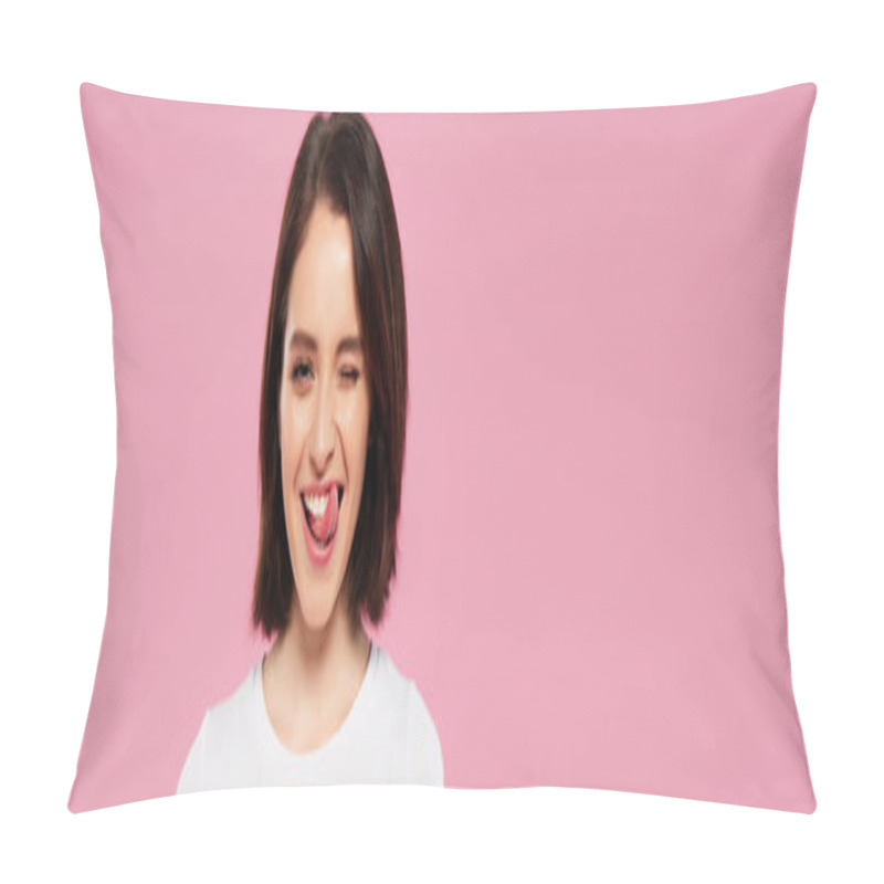 Personality  Panoramic Shot Of Beautiful Girl Showing Tongue And Winking Isolated On Pink Pillow Covers