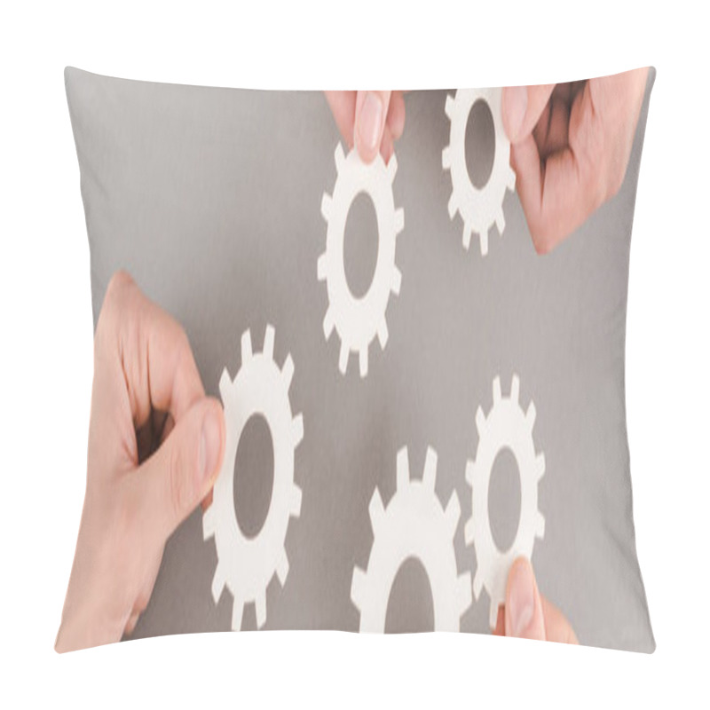 Personality  Cropped View Of People Holding White Gears On Grey Background, Panoramic Shot Pillow Covers