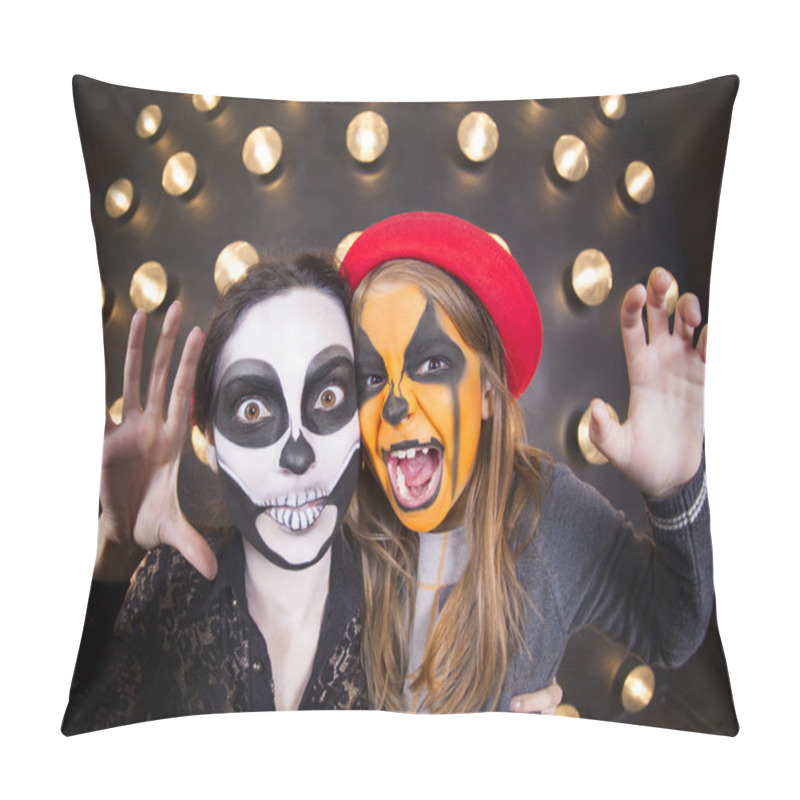 Personality  Woman And Girl With Painted Faces. Halloween Theme Pillow Covers