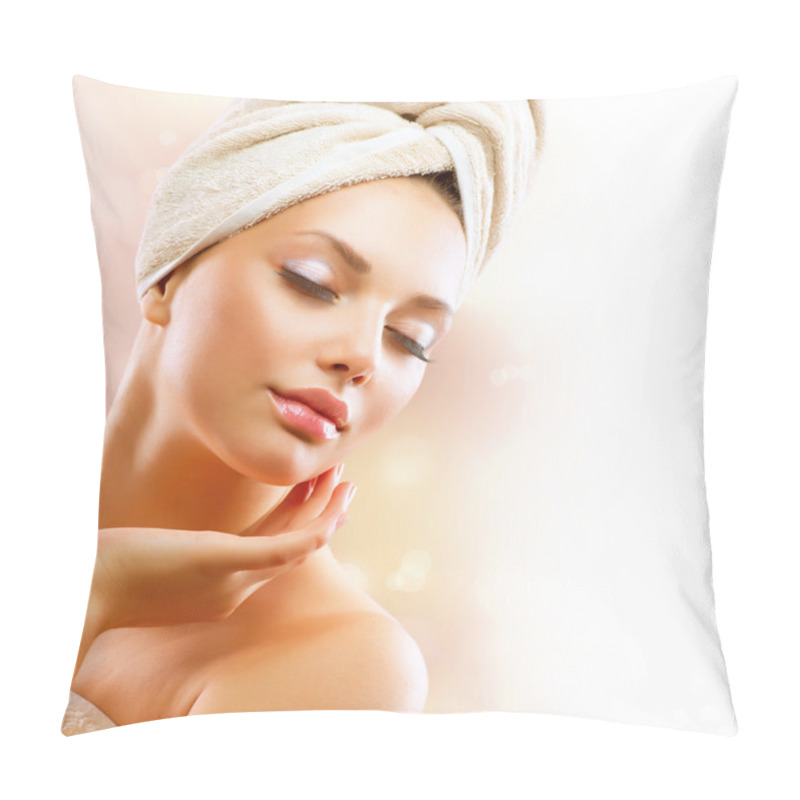 Personality  Spa Girl. Beautiful Young Woman After Bath Touching Her Face Pillow Covers