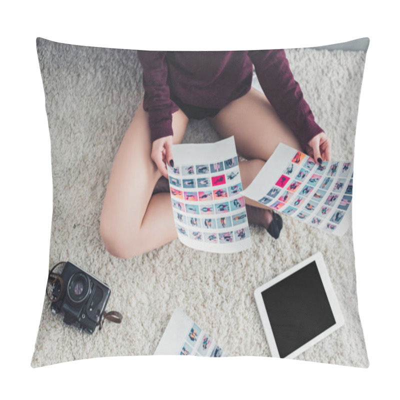 Personality  Cropped View Of Photographer Sitting On Carpet And Holding Pictures Pillow Covers