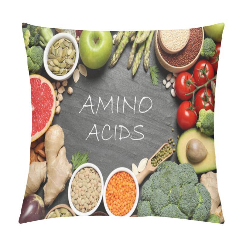 Personality  Frame Of Fresh Vegetables, Fruits And Seeds On Black Table, Flat Lay. Sources Of Essential Amino Acids Pillow Covers