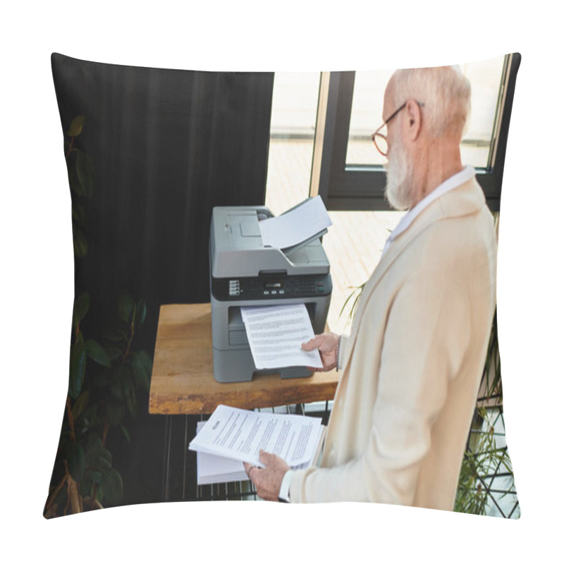 Personality  In A Chic Office, A Senior Businessman Reviews Printed Documents, Showcasing Professionalism And Elegance. Pillow Covers