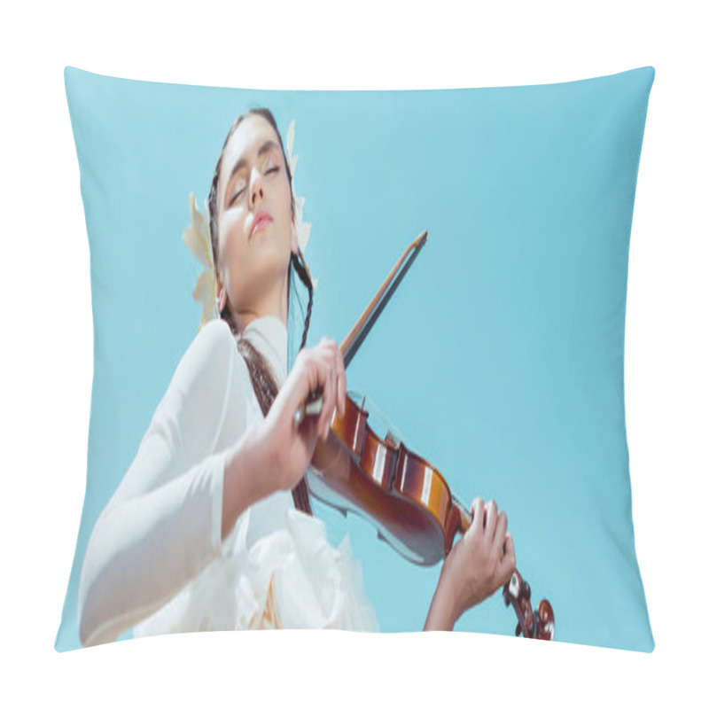 Personality  Low Angle View Of Tender Woman In White Swan Costume Standing On Blue Sky Background With Violin Pillow Covers