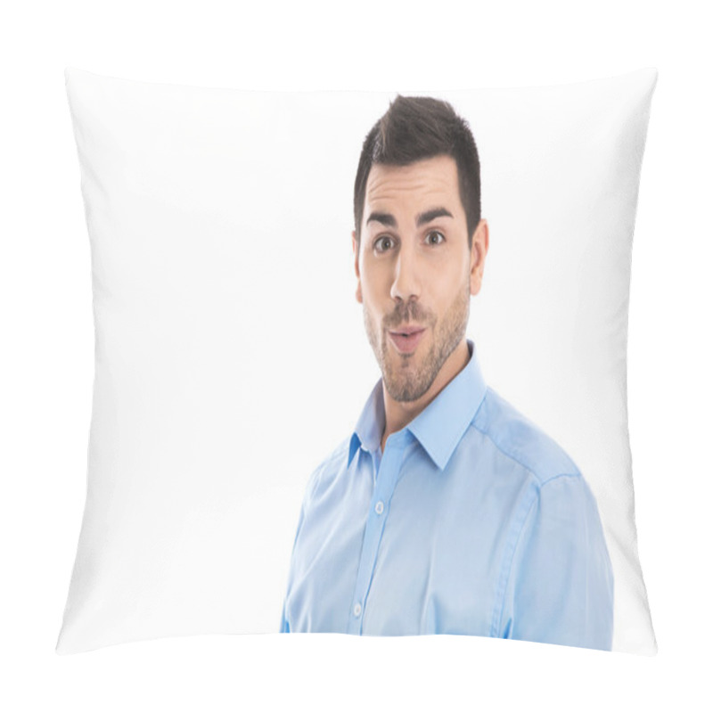 Personality  Portrait Of An Isolated Funny Businessman Wondering And Amazed. Pillow Covers