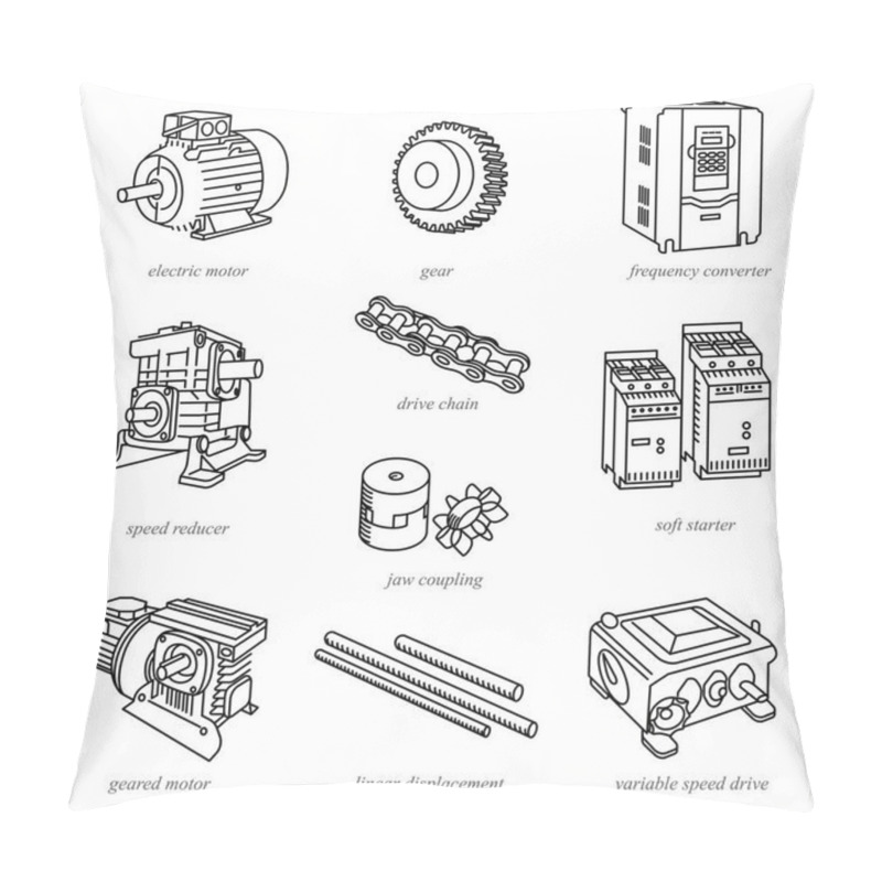 Personality  Line Illustrations Of Drive Technology Like Motors And Reducers / Drive Technology And Expendable Parts In Line Style With Names Pillow Covers