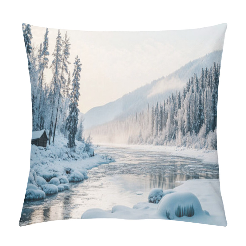 Personality  A Snowy Landscape With A River And A Cabin In The Distance. The Scene Is Peaceful And Serene, With The Snow-covered Trees And The Calm Water Reflecting The Light Pillow Covers