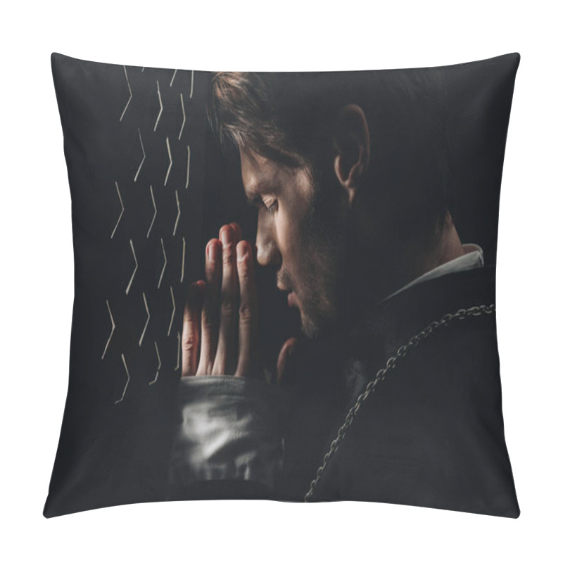 Personality  Young Catholic Priest Praying With Closed Eyes Near Confessional Grille In Dark With Rays Of Light Pillow Covers