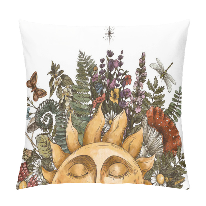 Personality  Vintage Sun Illustration With Woodland Treasures, Amanita Mushroom, Fern, Forest Plants Baner. Botanical Illustration Isolated On White Background. Pillow Covers