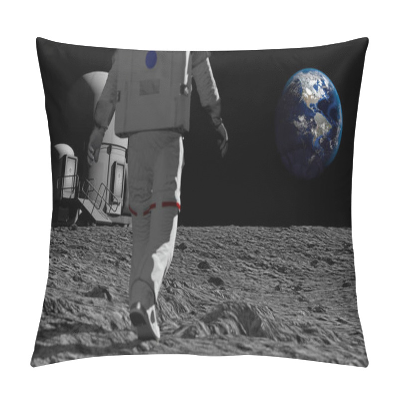 Personality  Astronaut Walking On The Moon And Admiring The Beautiful Earth. CG Animation. Elements Of This Image Furnished By NASA. 3D Rendering Pillow Covers