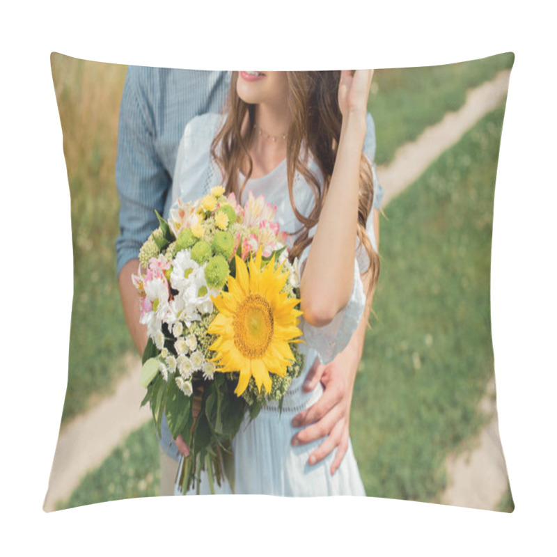 Personality  Partial View Of Man Hugging Smiling Girlfriend With Bouquet Of Wild Flowers In Summer Field Pillow Covers