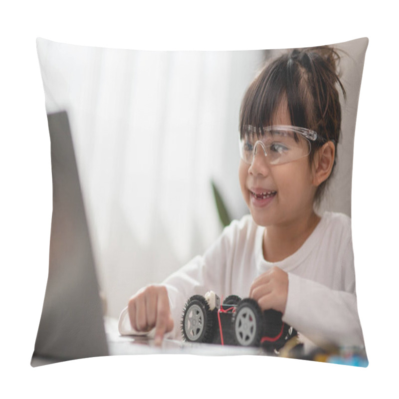 Personality  Asia Students Learn At Home In Coding Robot Cars And Electronic Board Cables In STEM, STEAM, Mathematics Engineering Science Technology Computer Code In Robotics For Kids Concept. Pillow Covers