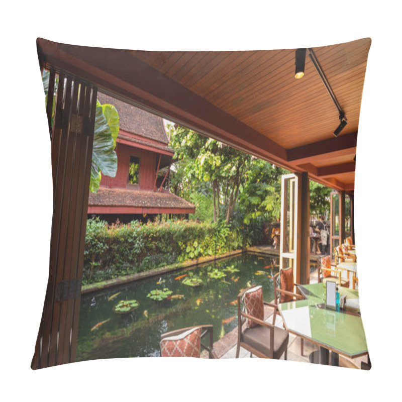 Personality  A View Of Jim Thompsons House And Koi Pond From An Open-air Cafe In Bangkok, Thailand Pillow Covers