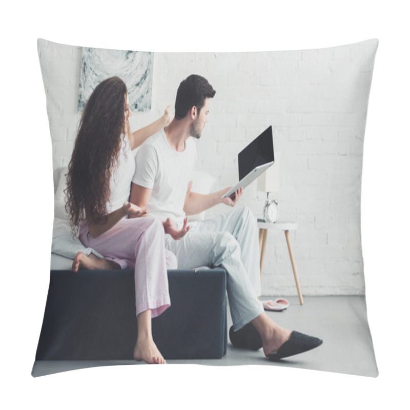 Personality  Angry Young Woman Looking At Boyfriend Using Laptop With Blank Screen, Relationship Difficulties Concept Pillow Covers