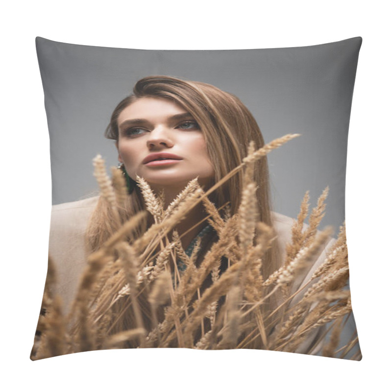 Personality  Young Woman Looking Away Near Barley Spikelets On Grey Background Pillow Covers