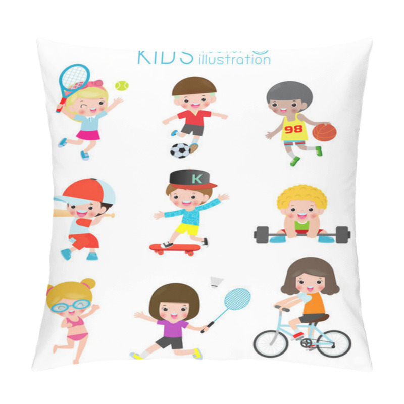 Personality  Kids And Sport, Kids Playing Various Sports, Cartoon Children Sports Football, Swimming, Baseball,tennis, Weight-lifting,badminton, Basketball, Bicycle, Skate Pillow Covers