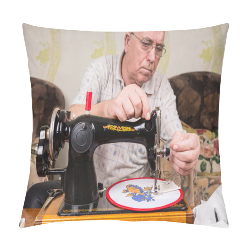 Personality  Senior Man Doing Needlepoint On Sewing Machine Pillow Covers