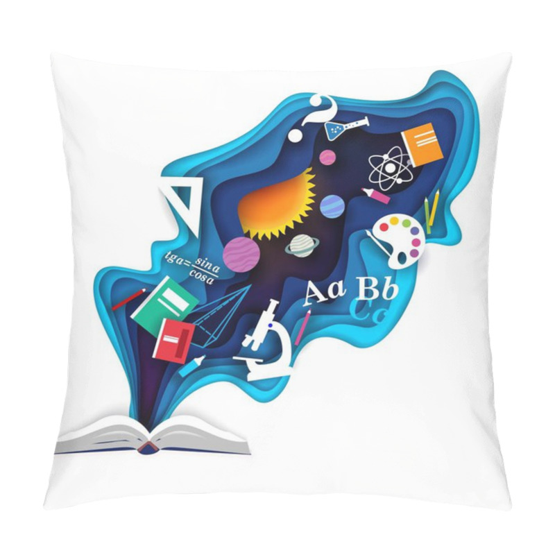 Personality  Open Book With School Supplies, Vector Paper Cut Illustration Pillow Covers