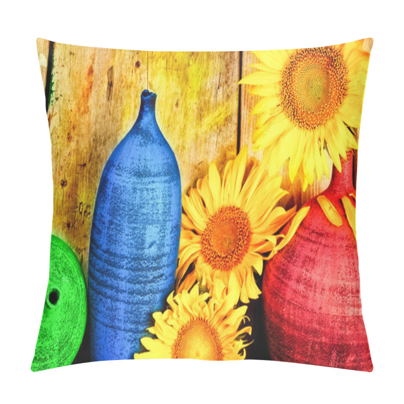 Personality  Arrangement Of Sunflowers And Ceramic Vases Pillow Covers