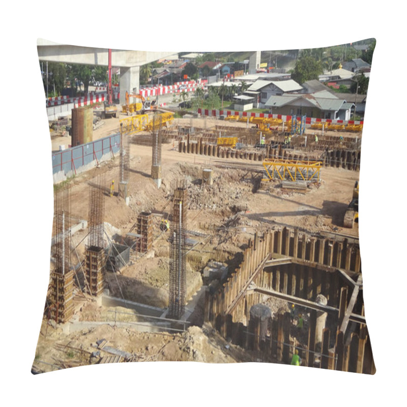 Personality  SERDANG, MALAYSIA -JUNE 13, 2016: Construction Site In Progress At Serdang, Malaysia During The Daytime. Workers Busy With Their Task Installing Formwork And Reinforcement Bar.      Pillow Covers