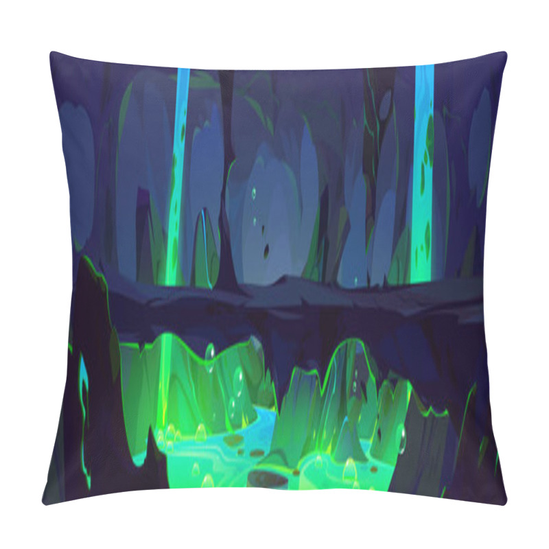 Personality  Dark Toxic Cave Cartoon Game Background. Fantasy Underground Landscape Inside Mountain Scene Vector Illustration. Adventure Level In Stone Cavern With Path Through Poisonous River Flow With Bubble. Pillow Covers