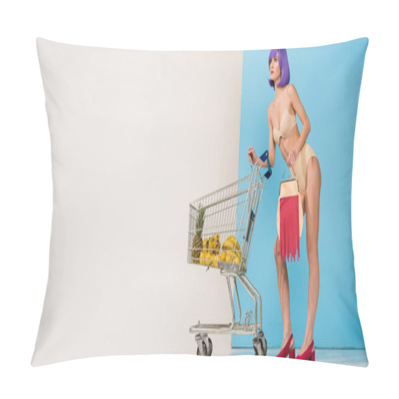 Personality  Panoramic Shot Of Girl Posing Near Shopping Cart With Tropical Fruits On Blue And White With Copy Space Pillow Covers