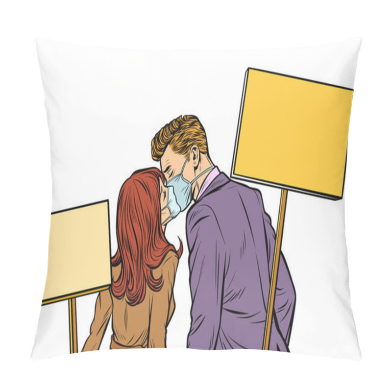 Personality  Man And Woman Couple Protesting At The Rally. Ecology. Kiss. Isolate On White Background. Pop Art Retro Vector Illustration Vintage Kitsch Drawing Pillow Covers