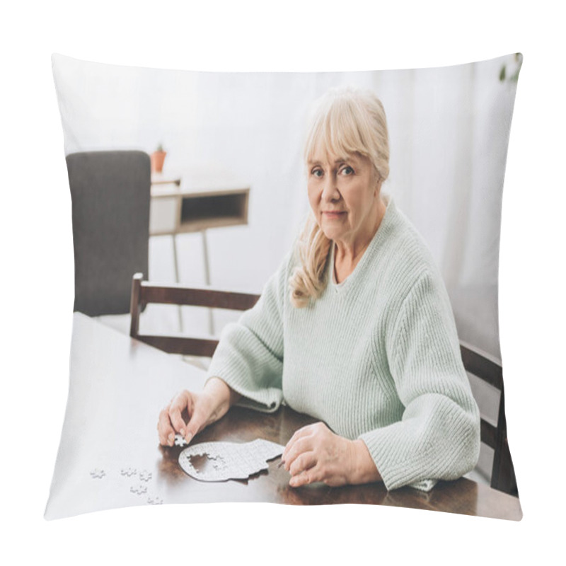 Personality  Blonde Retired Woman Playing With Puzzles At Home  Pillow Covers