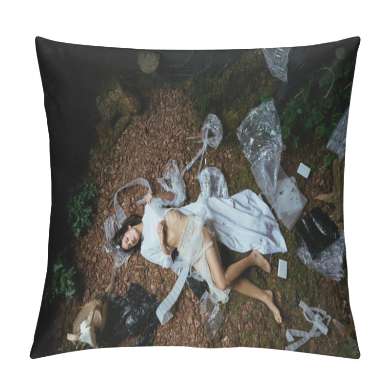 Personality  A Woman In White Clothing Lies Amidst A Swamp Choked With Plastic Garbage. Pillow Covers